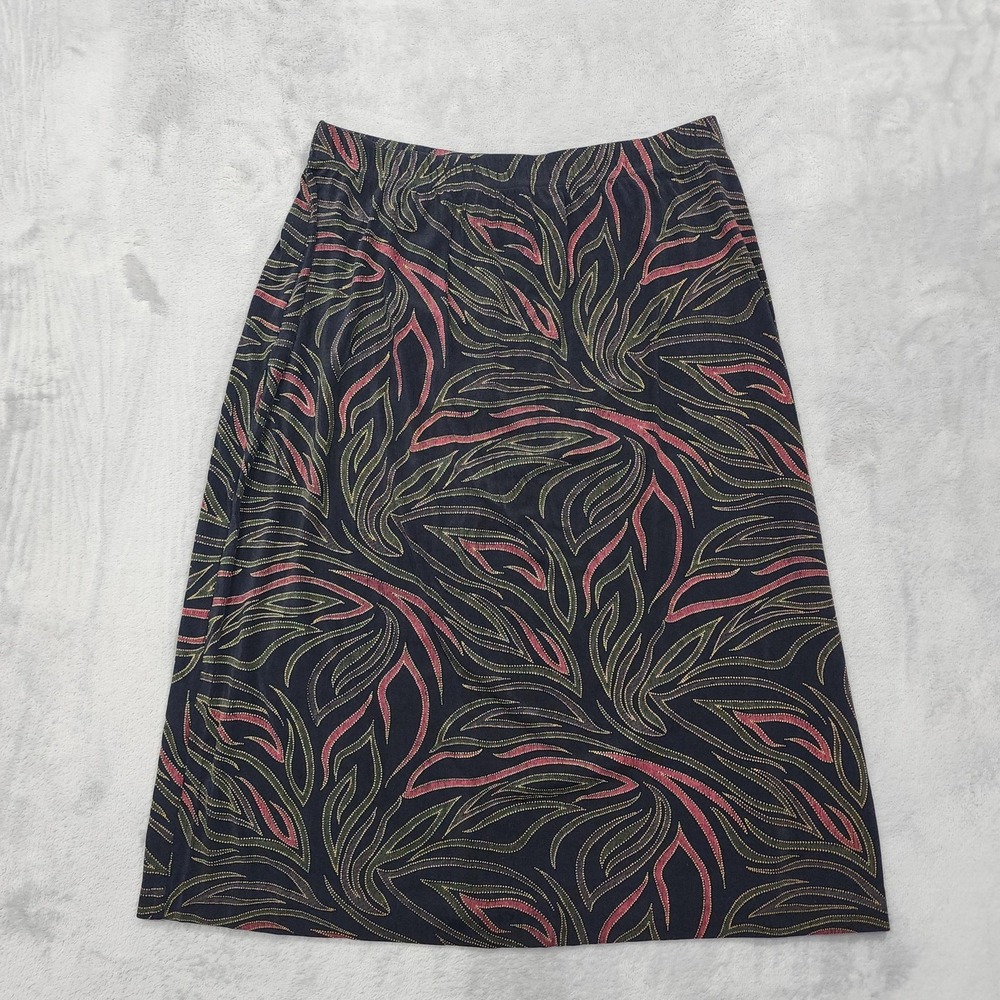 Vintage Kathy Ireland Skirt Women X/1X Black Floral A-Line Pull On Stretch Nylon